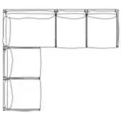 Corner shelving unit, dark metal wireframe, three horizontal rectangles draped with parallel wires and two vertical supports.