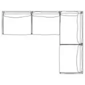 Corner shelving unit wireframe, black lines, three horizontal tiers above a two-compartment vertical section, minimalist design, white background.