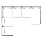 Wireframe corner shelving unit, black lines, four rectangular sections connected with horizontal wires, minimalist geometric design on white background.
