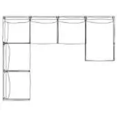 Modular shelving unit wireframe, black metal, L-shape with stacked rectangular sections, minimalist geometric design on white background.