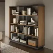 Distinguished 4 Mariani Herman bookcase with wood frame, smoked glass partitions and saddle leather covering in a wax effect finish