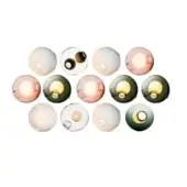 Spherical wall lights, glass/acrylic, assorted colors, grid arrangement, recessed halo lighting, modular design, product code 13c.