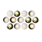Wall-mounted lights, 13c collection, translucent spheres in gray, green, amber, brown tones, circular openings, rippled texture, grid arrangement.