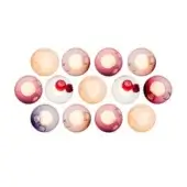 Translucent orbs in peach, gray, rose, lavender & burgundy arranged in a 5x3 grid on white; smooth, reflective spheres with internal light.
