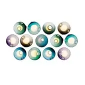 Spherical wall lights with iridescent glass globes in teal, blue, green, purple, and amber, arranged in a grid pattern.