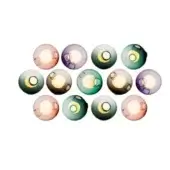 Spherical glass pendant lights, pink, green, gray & purple gradients, warm glow, randomized overlapping arrangement, diffused lighting.