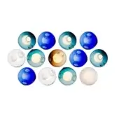 Glass orbs in blue, turquoise, amber, and clear are arranged in a 3x4 grid, each with a circular indentation and glossy finish; identified as “13c.”