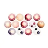 Spherical pendant lights, glass and colored resin, arranged in a grid with varied burgundy, peach, gray, and amber tones, featuring central apertures.