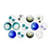 Glass spheres in blue, green, and white arranged in a grid, featuring marbled circular inclusions and a glossy finish; “13c 21” series.