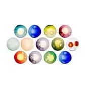 Glass ornaments, assorted colors, spherical shape, arranged in a semi-circle on a white background, translucent with inner orbs, diffused lighting.