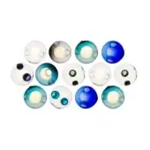 Glass sphere lights, teal and blue, arranged in a grid, feature rippled texture and warm white illumination within clear glass.