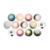 Ceiling lights, translucent glass, spherical shapes in teal, peach, rose, gray, beige, white, and dark green, arranged in a grid pattern.
