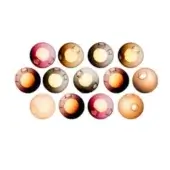 Pendant lights, spherical glass shades, varied color gradients of burgundy, gray, amber, peach, and rose, arranged in a grid pattern.