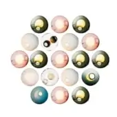 Spherical wall lights, glass and colored resin, arranged in a circular pattern with recessed openings emitting warm yellow light.