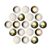 Spherical wall lights in gray, olive, and brown tones are arranged circularly against a white backdrop, each with a translucent surface and exposed bulb.