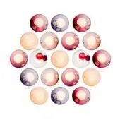 Spherical arrangement of translucent orbs in lavender, pink, peach, burgundy, and gray tones, each with a central circular indentation.