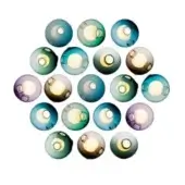 Wall lights, hand-blown glass, nineteen spheres arranged in a circular pattern with blue, green, lavender, amber, and gold marbled swirls.