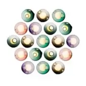 19c wall lights, translucent glass globes in teal, amber, lavender hues, circular arrangement, brushed metallic fixtures, white background.