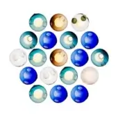 Glass orbs in circular arrangement, teal, blue, gold & clear hues, with recessed centers and rippled texture on white background.