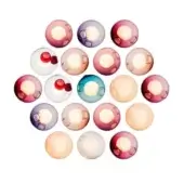 Spherical light fixtures, translucent acrylic, circular arrangement, lavender, rose, turquoise, amber, white, diffused glow, organic shape.
