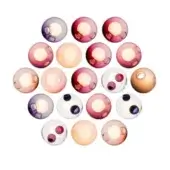 Translucent glass beads in purple, red, pink, beige, amber & white are arranged in a circular pattern against a plain white backdrop.