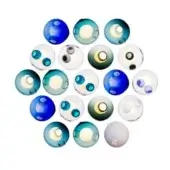 Decorative spheres in blue, teal, and white arranged in a circular pattern against a white background, featuring circular indentations.