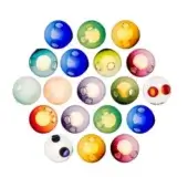 Glass marbles in circular arrangement, varied colors—blue, green, yellow, orange—with internal spheres and bubble textures on white background.