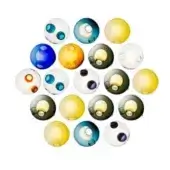 Glass orbs, translucent colored spheres, circular arrangement, white background, layered effect, smooth glossy surfaces, diffused lighting.
