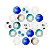 Spherical glass light fixtures, teal and translucent white, arranged in a circular pattern with internal voids and diffused LED lighting.