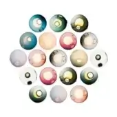 Spherical glass pendant lights, teal, olive, amber, rose, gray, off-white hues, arranged in a circular pattern against a white backdrop.