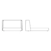 Basket bed technical drawing, upholstered headboard and platform base, minimalist geometric forms, matte finish, white background.
