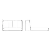 Modular bed system line drawing, black on white, showing headboard with four panels and chaise lounge configuration with cylindrical legs.