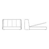 Basket plus open bed technical drawing, front & side elevations, rectangular frame, quilted headboard, hinged folding mechanism, matte finish.
