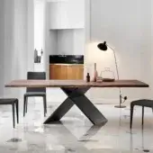 Exceptional Bonaldo AX table with rectangular wood top in dark brown and crossed metal base in dark finish