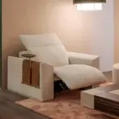 Superior Vismara Kubrik lounge chair with double reclining mechanism in light beige textured textile and brown leather accents