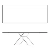 Rectangular table, black and white line drawing, geometric metal base with X-shaped supports and rectangular feet, minimalist design.