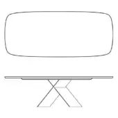 Dining table black and white line drawing, asymmetrical tabletop, intersecting metal X-base with rectangular feet, studio illustration.