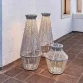 Elegant Varaschin Cricket floor lamp with light grey woven lampshade and powder-coated aluminum structure