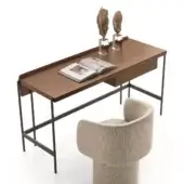 Sophisticated Ditre Italia Unit desk with wood worktop and sleek leather panel in medium-toned brown with minimalist dark metal legs