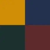 Color palette displaying brass yellow, royal blue, racing green, and bordeaux in a 2x2 grid, matte finish, digital graphic presentation.