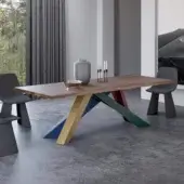 Distinctive Bonaldo Big table with veneered wood and laser-cut steel legs in blue, gold, green, and red