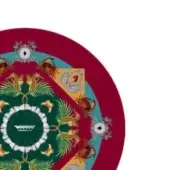 Desire poker table graphic, red and teal, concentric bands with marine life, palm fronds, Vismara brand emblem, baroque decorative pattern.