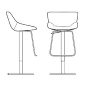 Bar stools with swivel base, line drawings, curved seat, cylindrical wire frame, minimalist design, white background.