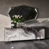 Captivating Cattelan Italia Focus CrystalArt sideboard with extra clear glass doors displaying a white, gray and black marble-like decorative print and graphite varnished metal feet