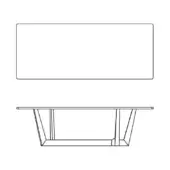 Rectangular table line drawing, white background, geometric base, flared trapezoidal legs, rounded corners, minimalist design.