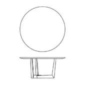Round table black and white line drawing, geometric square base, minimalist design, circular tabletop, technical illustration.