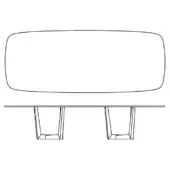 Table line drawing, white background, organic tabletop shape, two inverted U-bases connected by horizontal support, minimalist design.