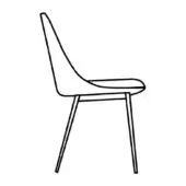 Itala dining chair line drawing, black on white, curved backrest and seat, slender angled legs, minimalist design, studio product illustration.