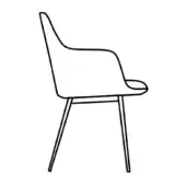 Itala armchair, black line drawing, curved high-back dining chair with tapered metal legs and integrated rounded armrests, minimalist design.