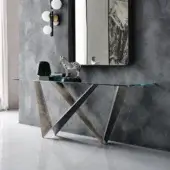 Distinguished Cattelan Italia Westin console with intersecting V-shaped base in graphite embossed lacquered steel and clear glass top